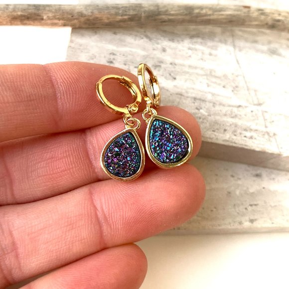 Purple Druzy Droplet Gold Huggie Earrings - Picture 5 of 6
